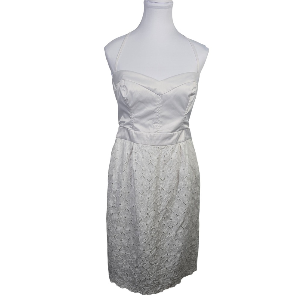 Bebe White Cotton Eyelet Halter‎ Dress Floral Scalloped Hem Pockets Size L 70636